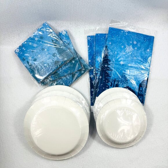 Winter Snowflake Scene Paper Plate & Napkins 10ct ea Plastic Tablecloth (3-Pack) - Picture 2 of 4